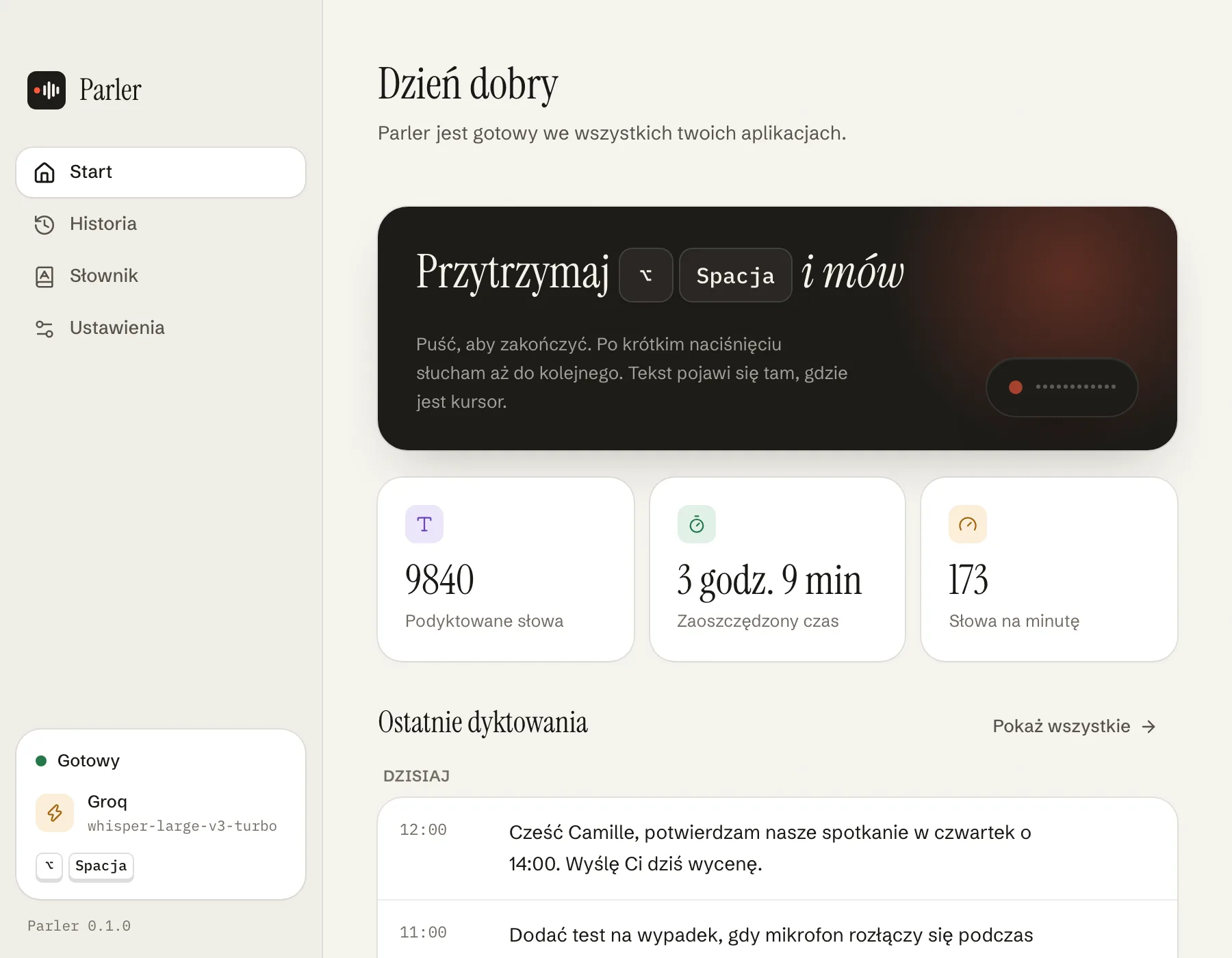 Twój skrót, ostatnie dyktowania i zaoszczędzony czas, w jednym miejscu.